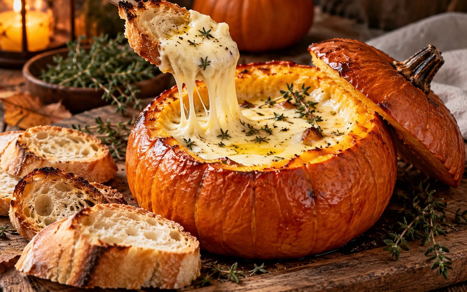 Запечённая тыква с камамбером — горячее сырное фондю
