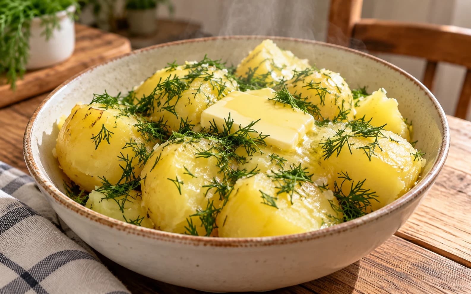 Отварной картофель с укропом и сливочным маслом