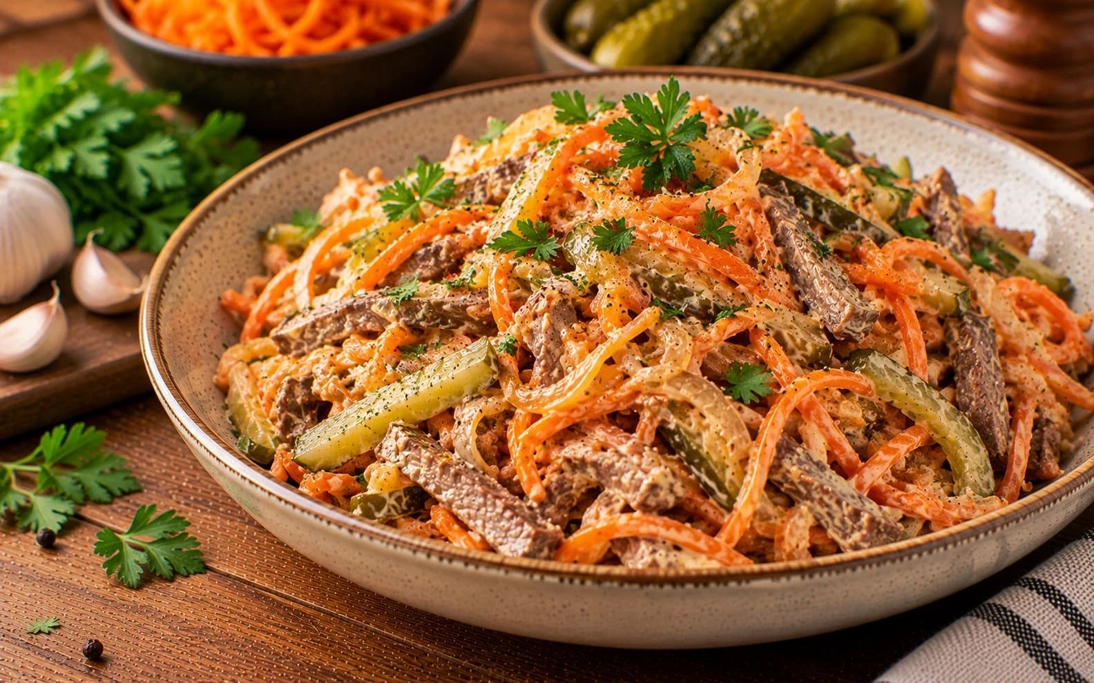 Салат «Обжорка» с говядиной и корейской морковью