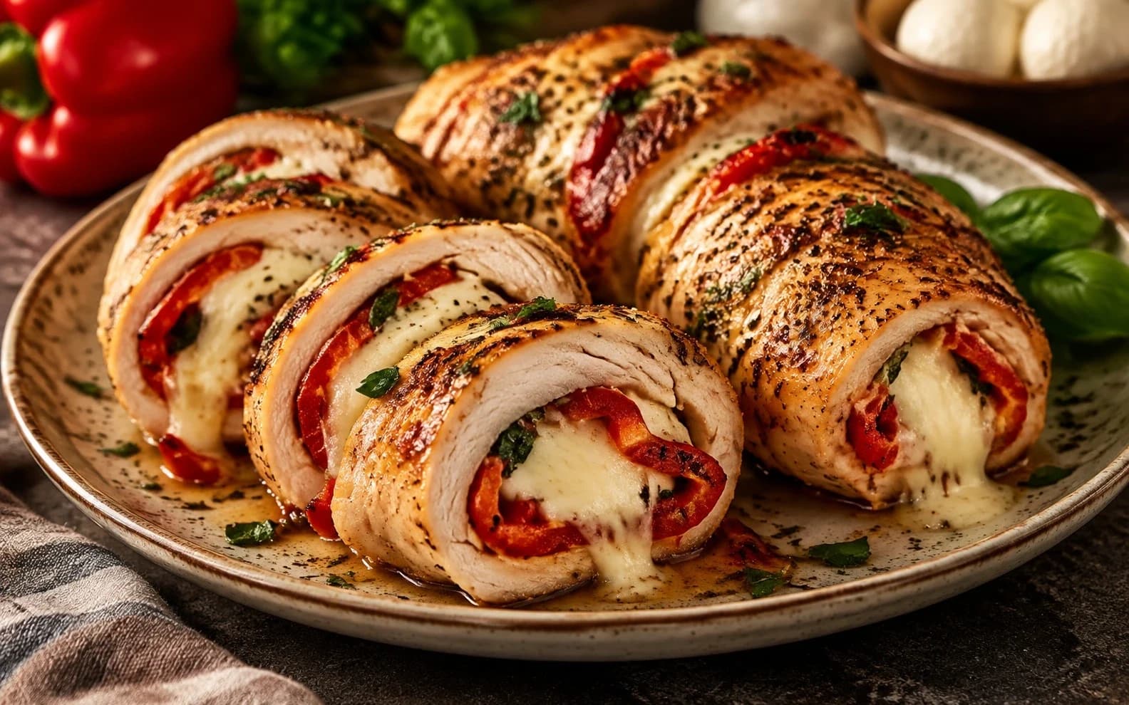 Куриные рулетики с моцареллой и болгарским перцем