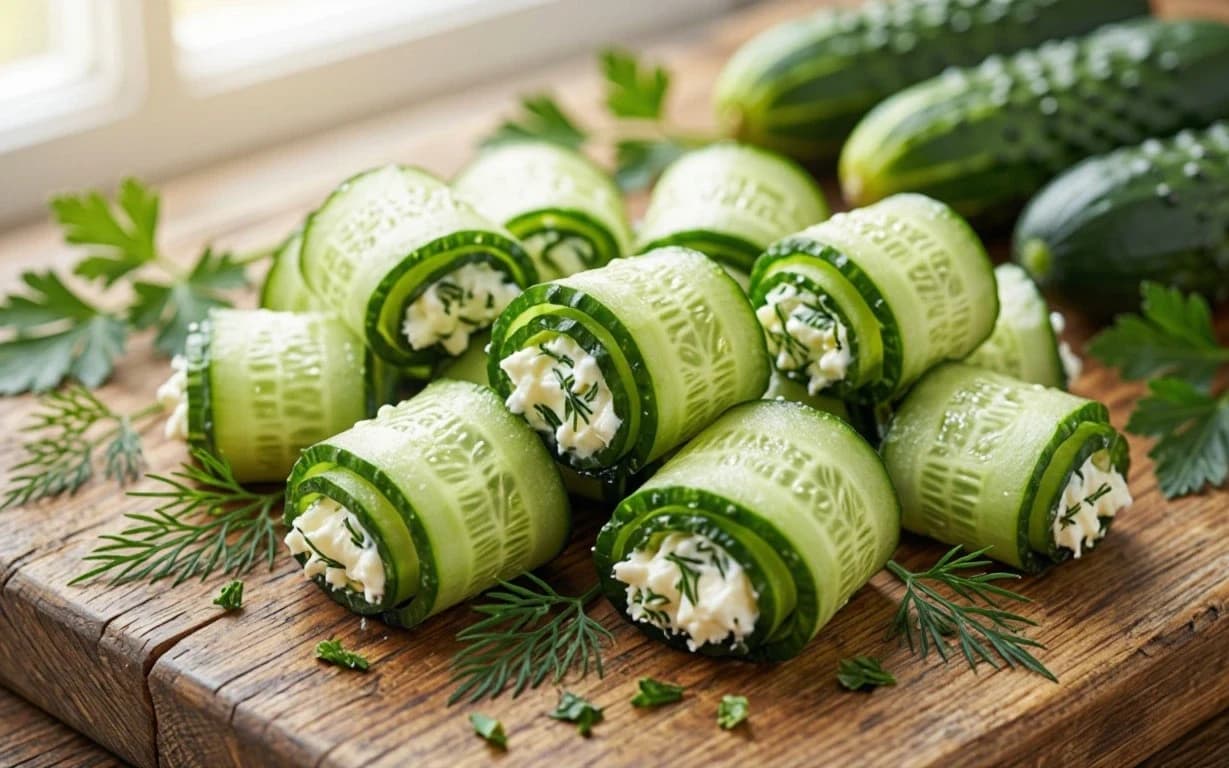 Рулетики из огурцов с сырной начинкой