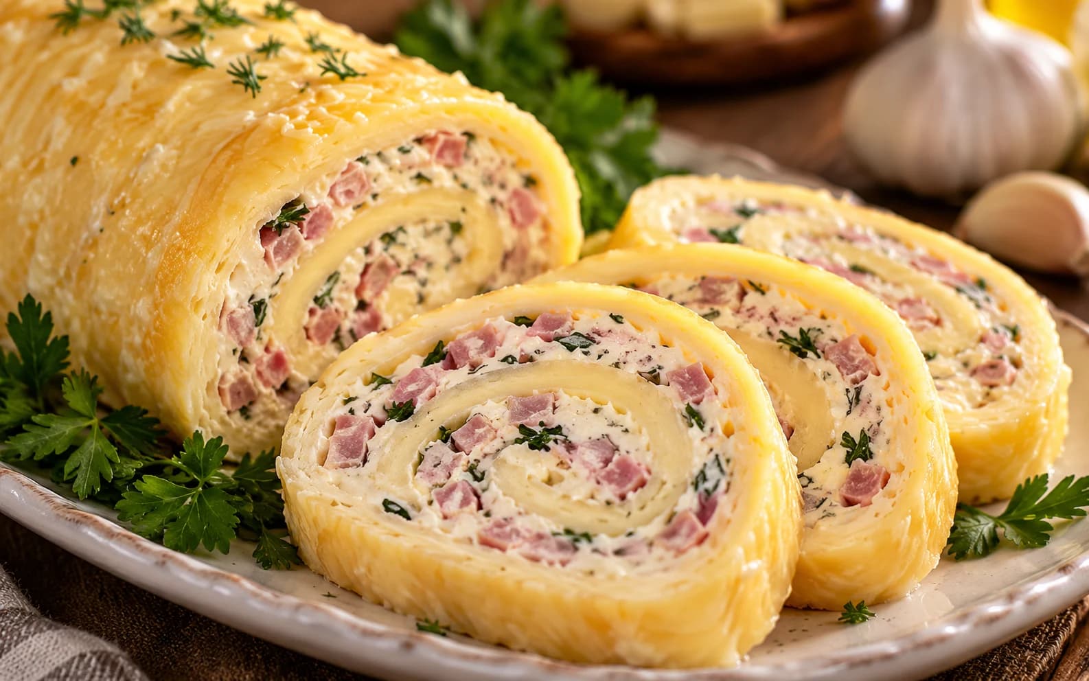 Сырный рулет с ветчиной и чесноком