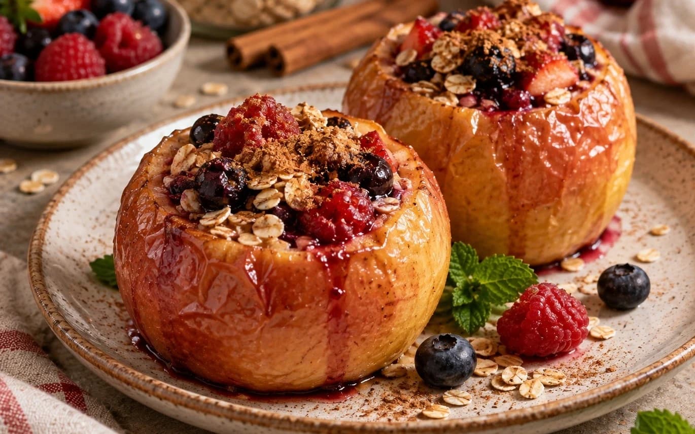 Запечённые яблоки с овсянкой, ягодами и корицей