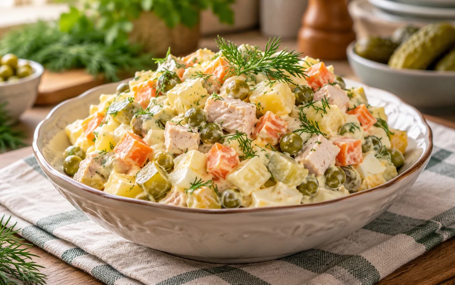 Салат «Столичный» с курицей и солёными огурцами