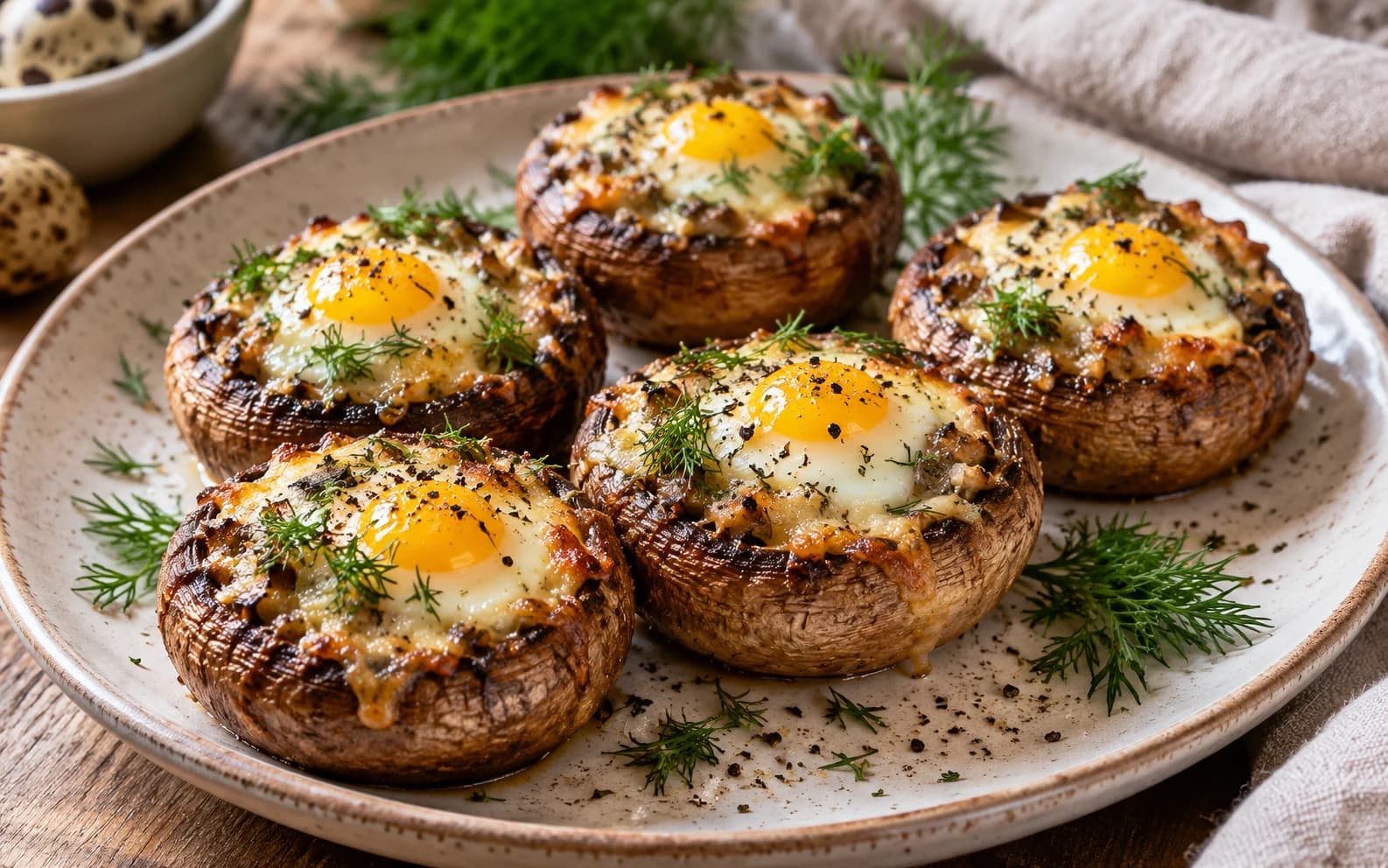 Шампиньоны, фаршированные перепелиными яйцами