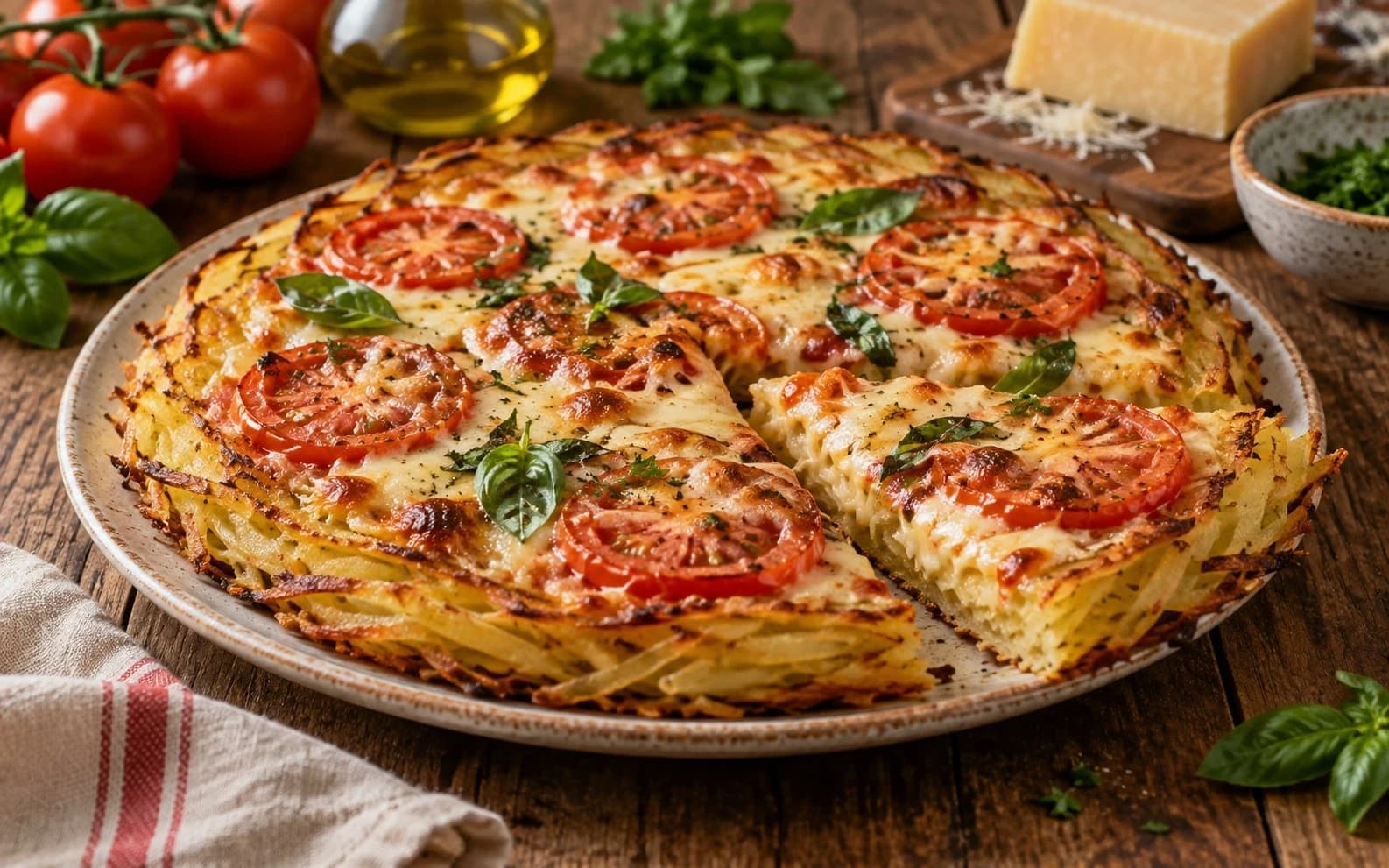 Картофельная пицца с сыром и томатами
