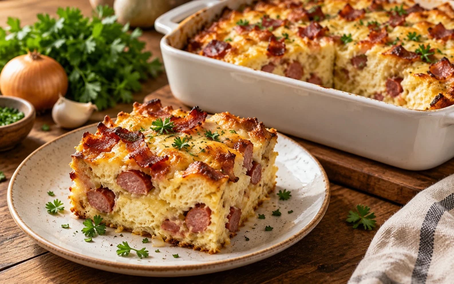 Хлебная запеканка с колбасками и беконом
