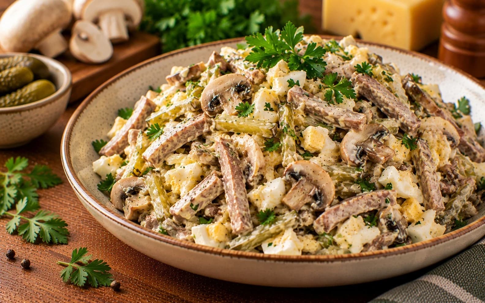 Салат с говяжьим языком и грибами