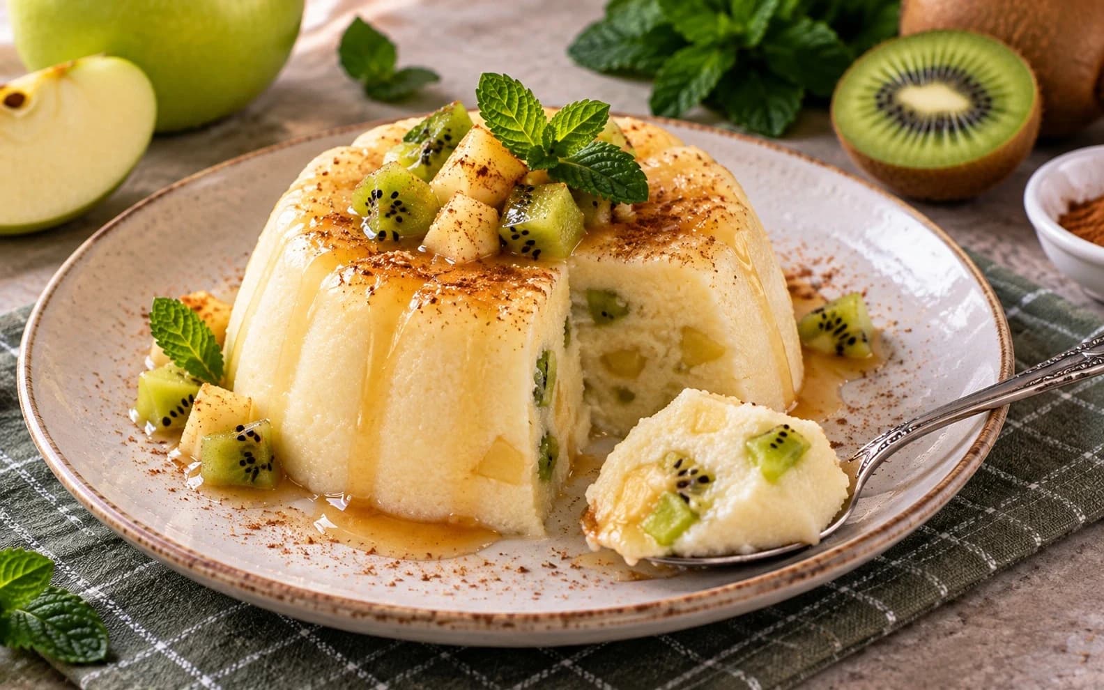 Манный пудинг с яблоком и киви