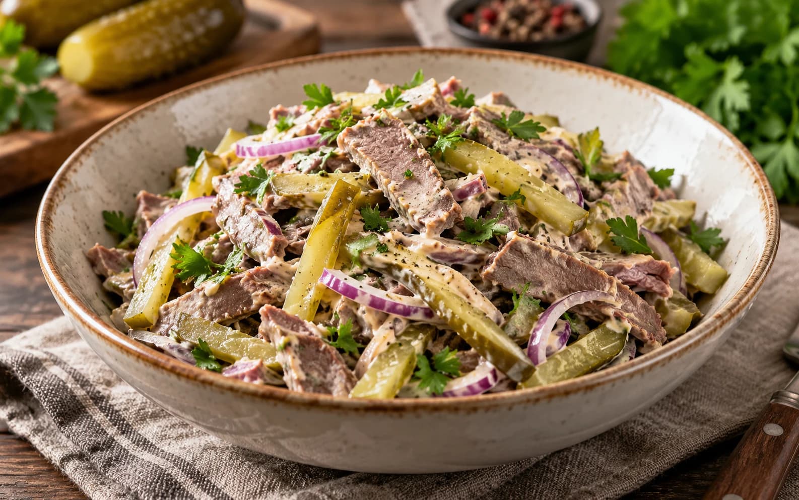 Салат с говяжьим языком и маринованными огурцами