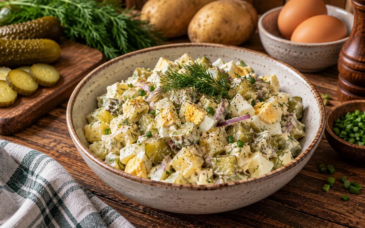Салат с солёными огурцами, яйцами и картофелем