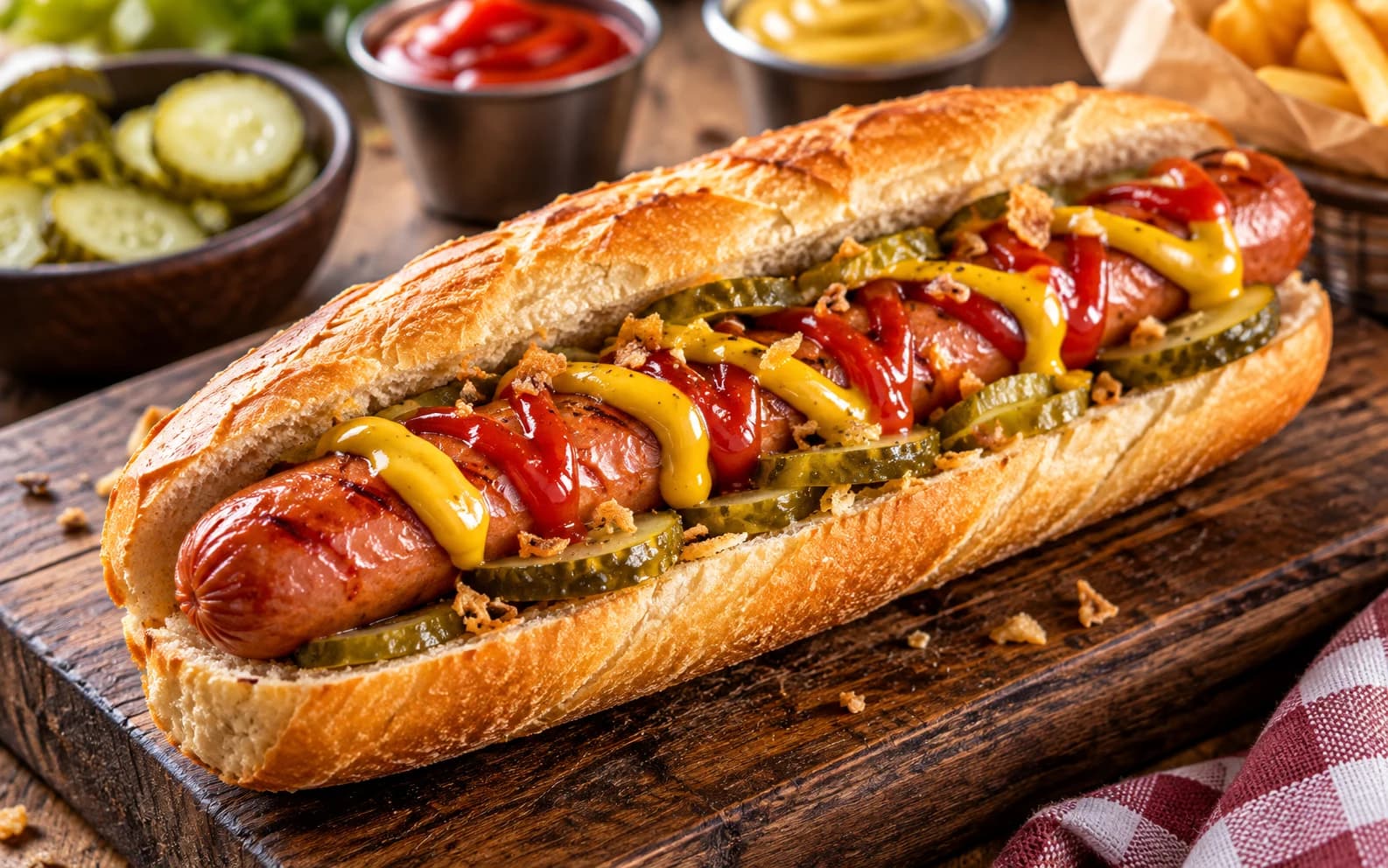 Френч-дог с сосиской и маринованным огурцом