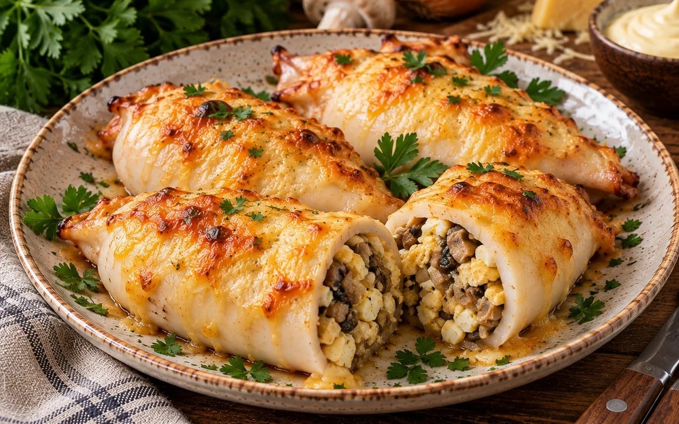 Кальмары, фаршированные грибами и яйцом