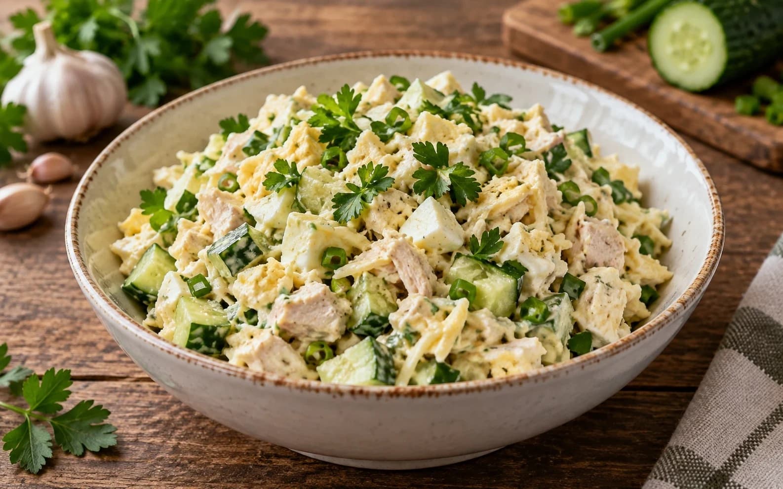 Салат с курицей, плавленым сыром и яйцом