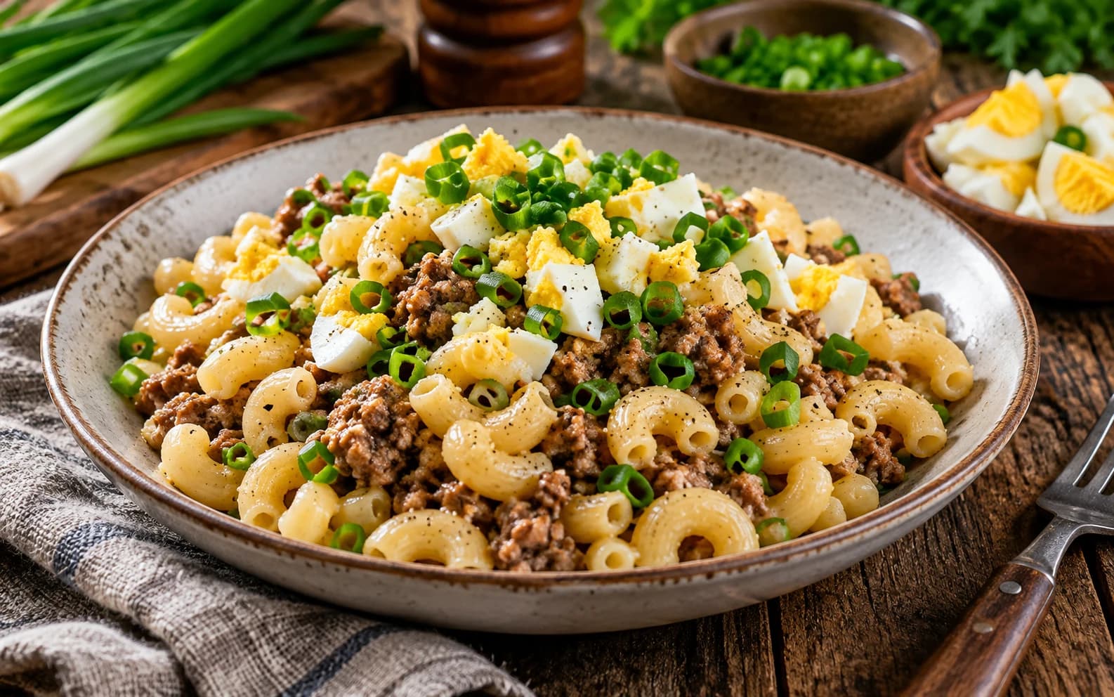 Макароны по-флотски с яйцом и зелёным луком