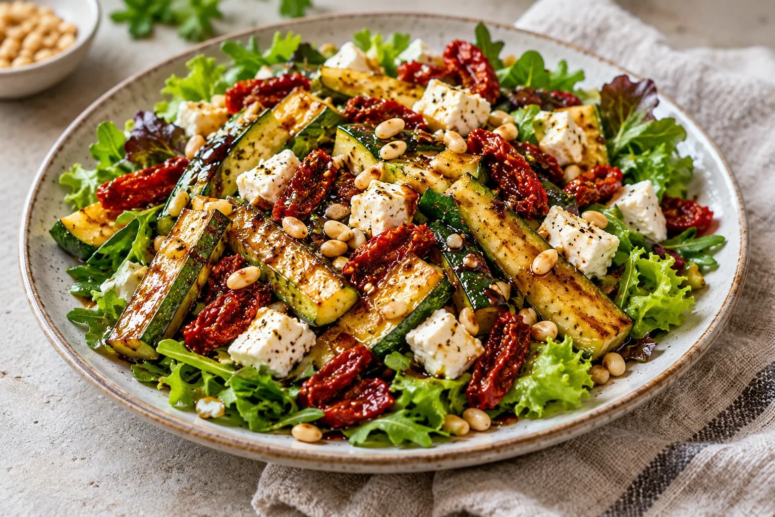 Тёплый салат с жареным кабачком, фетой и вялеными томатами