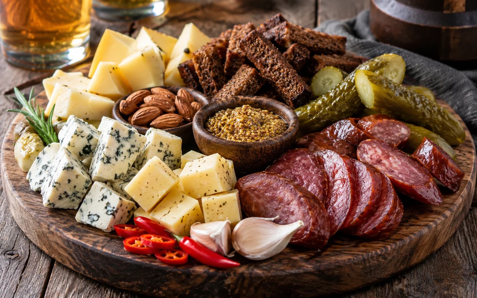 Пивная тарелка с сыром, мясом и соленьями