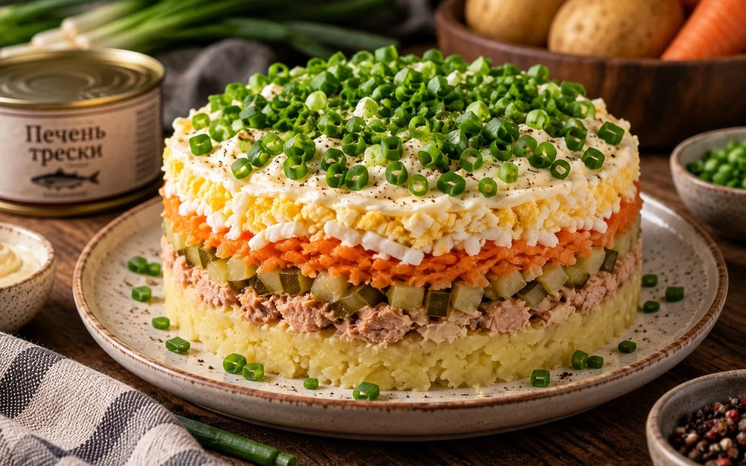 Слоёный салат с печенью трески