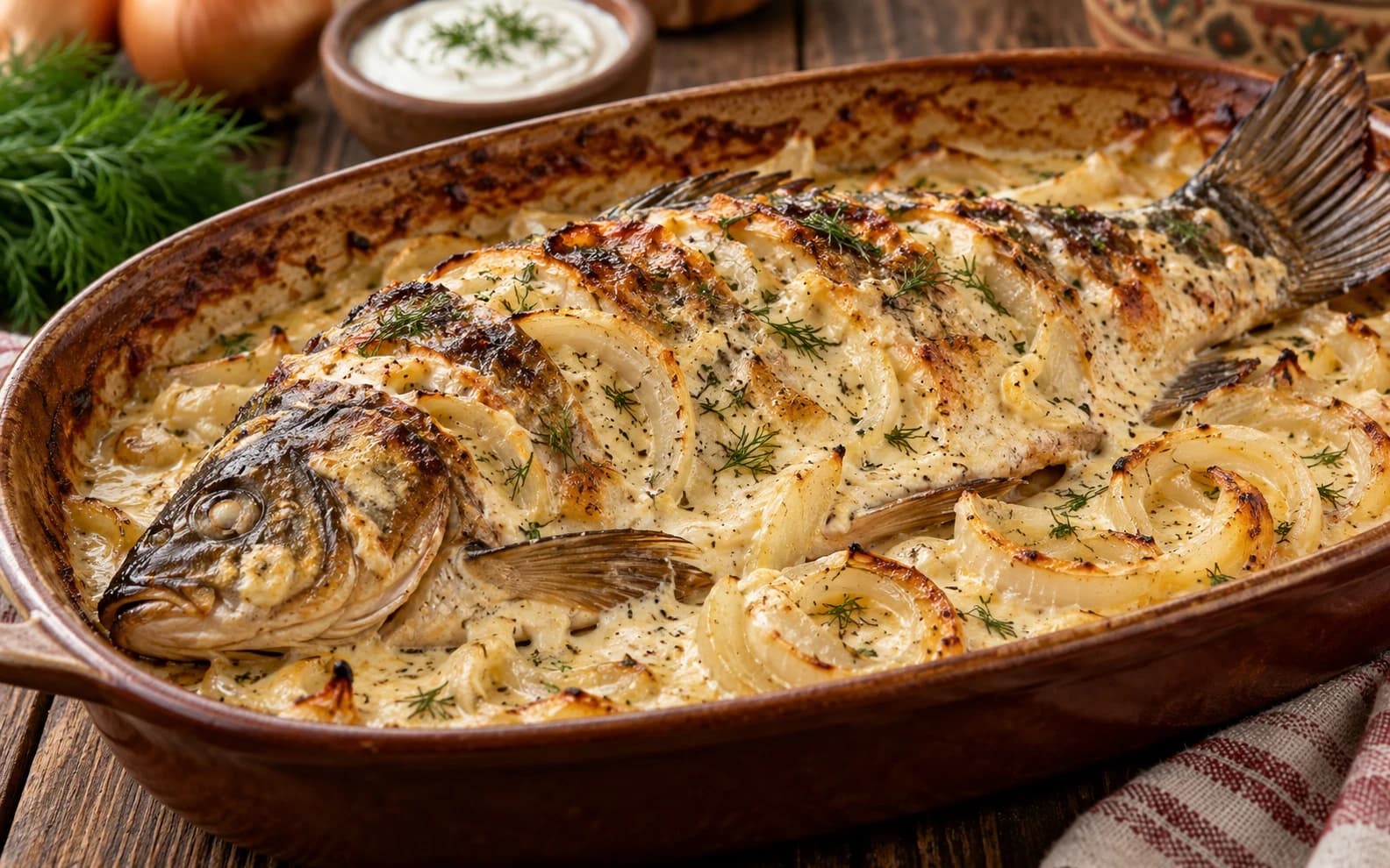 Карп, запечённый с луком и сметаной