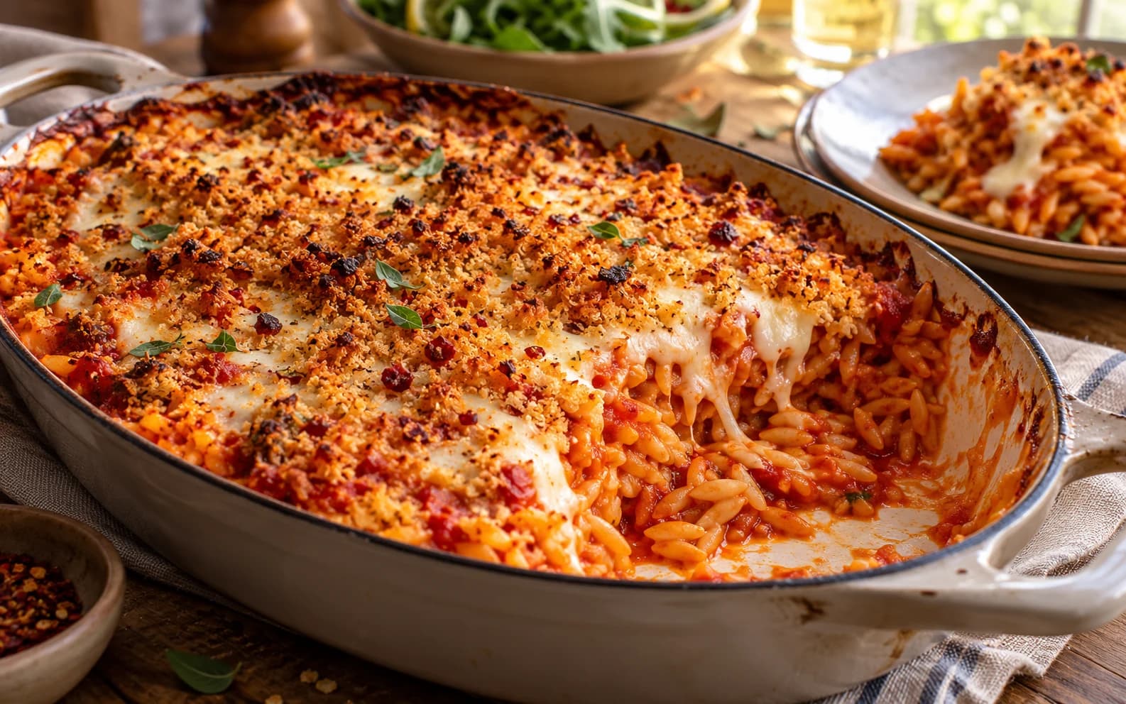 Запечённое орзо с моцареллой и острой крошкой