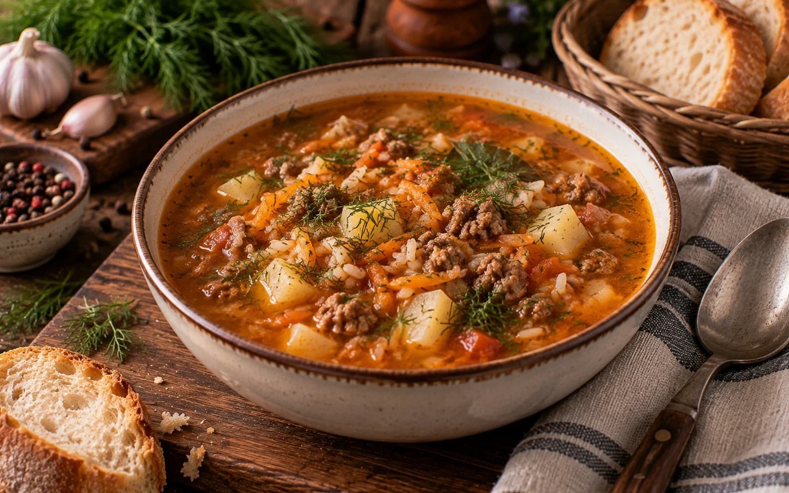 Суп из фарша с рисом и овощами