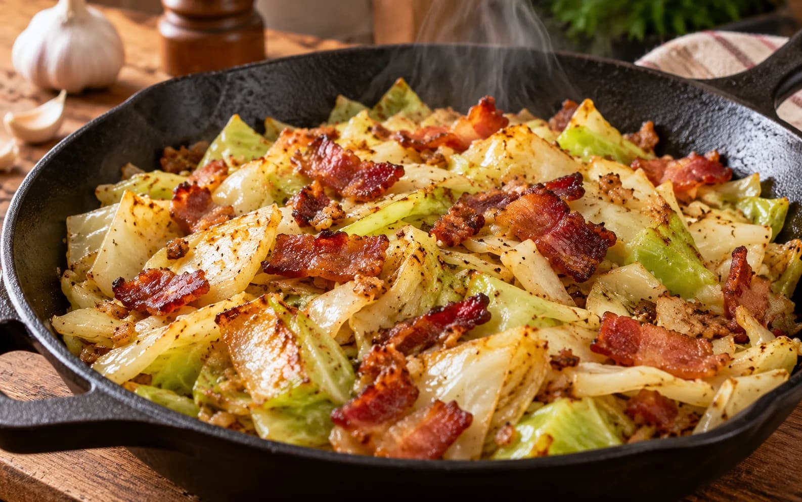 Жареная капуста с чесноком и беконом