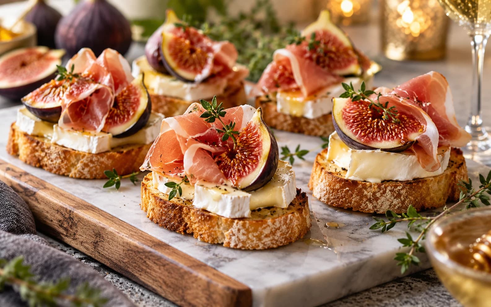Канапе с инжиром, сыром бри и прошутто