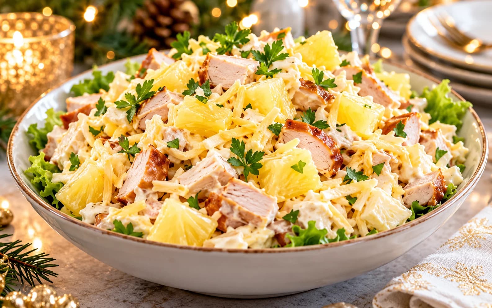 Салат с копчёной курицей, ананасами и сыром