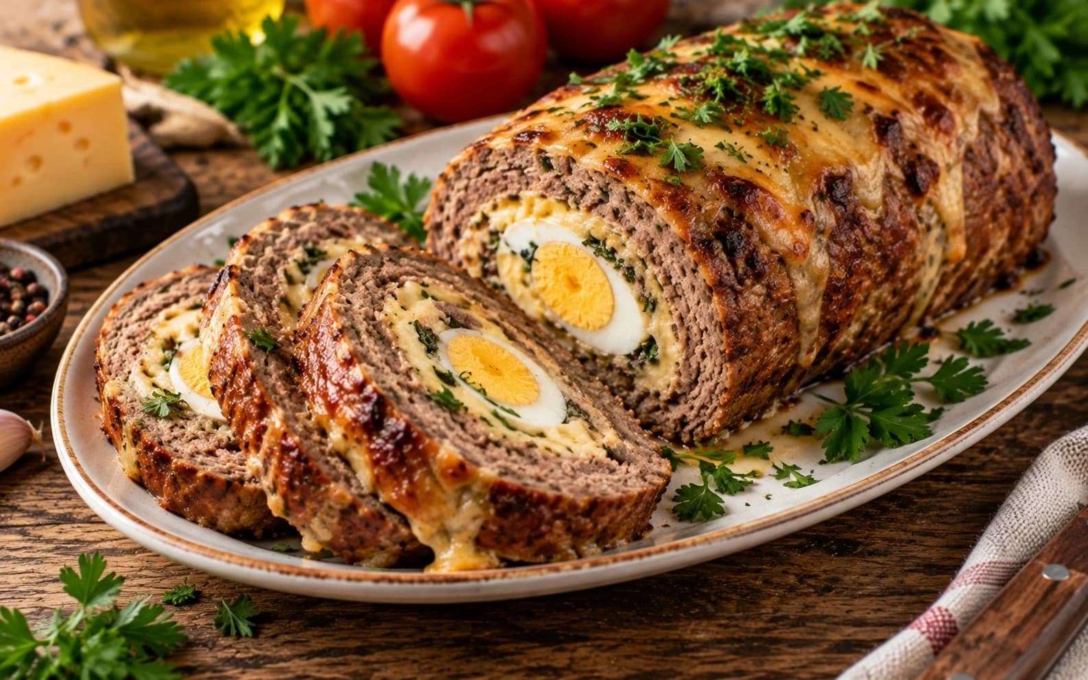 Мясной рулет с яйцом и сыром