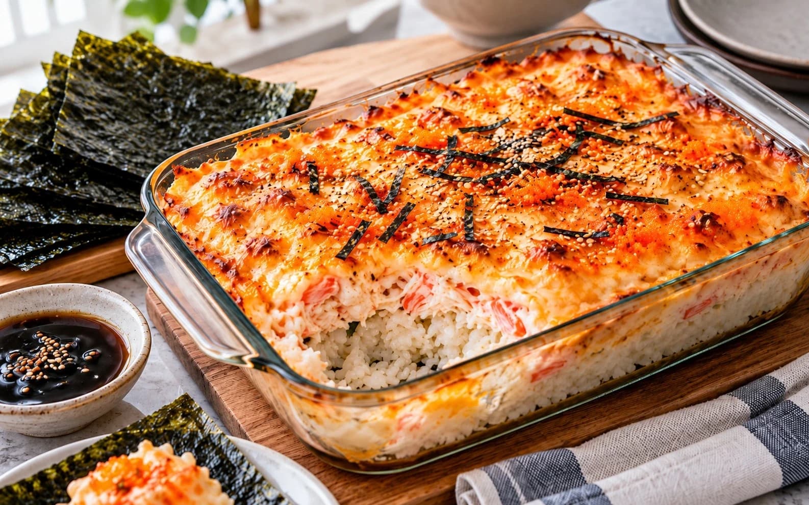 Суши-запеканка с крабовыми палочками и икрой с креветкой