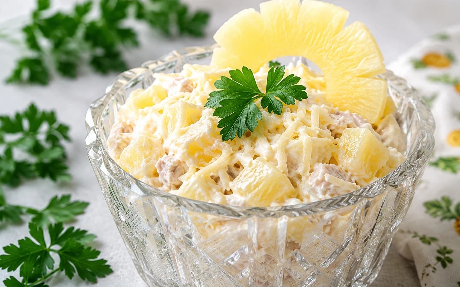 Салат с курицей, сыром и ананасами