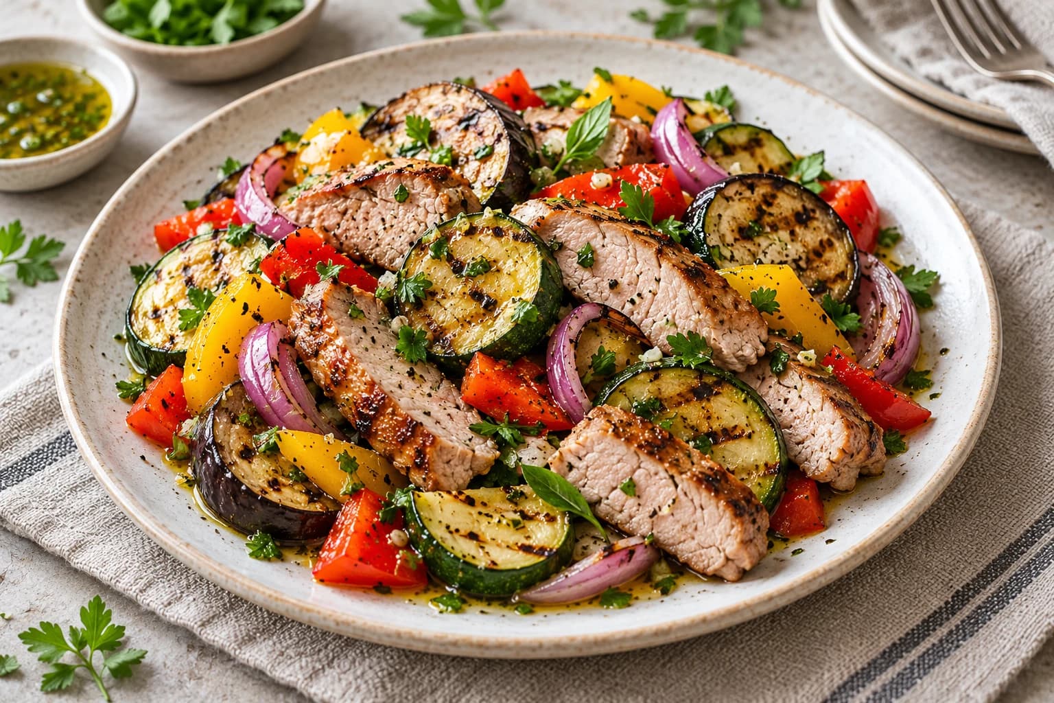 Тёплый салат с жареным мясом и овощами гриль