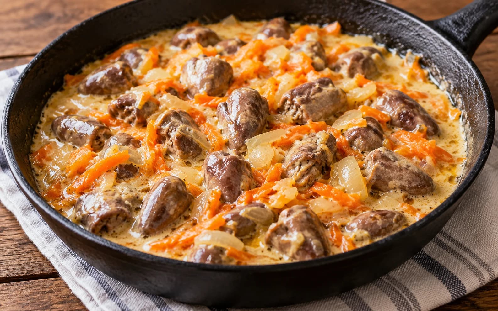 Куриные сердечки в сметанном соусе с морковью