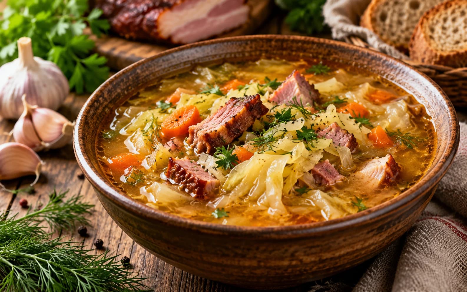 Капустный суп с чесноком и копчёностями