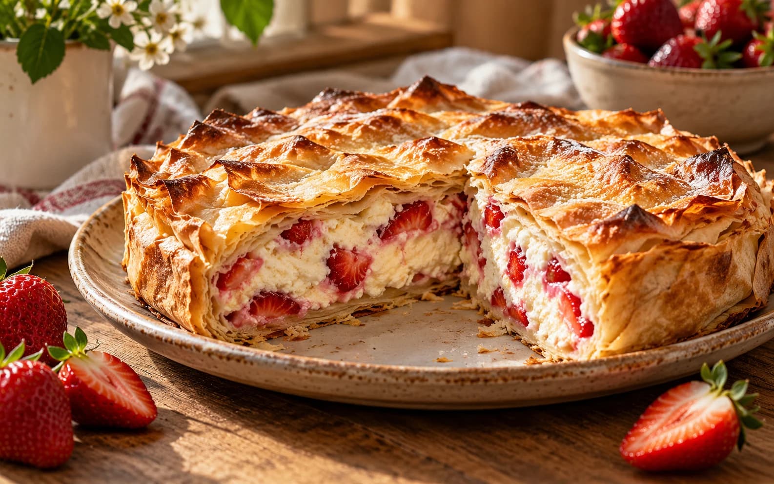 Пирог из лаваша с творогом и клубникой