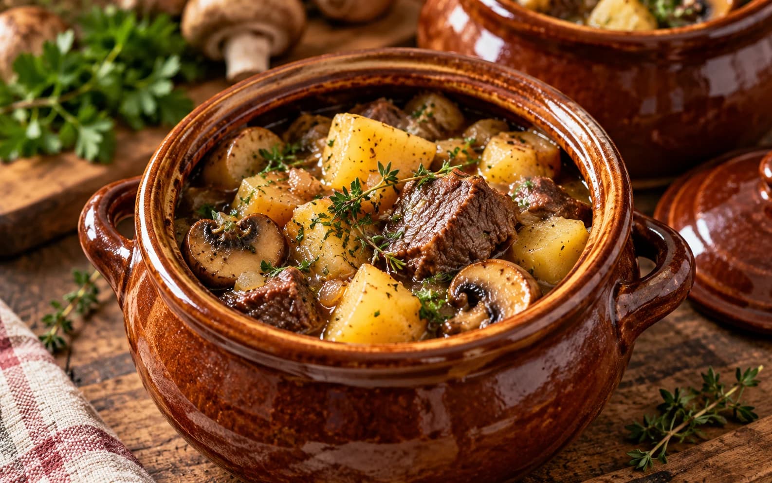 Говядина в горшочках с картофелем и грибами