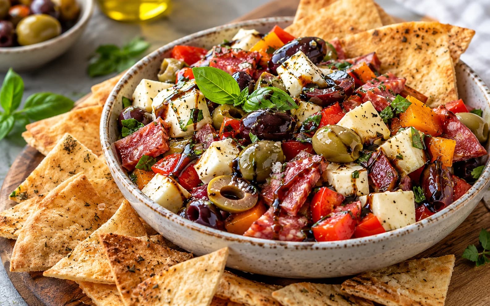Чаркутри-дип с салями, сыром и оливками