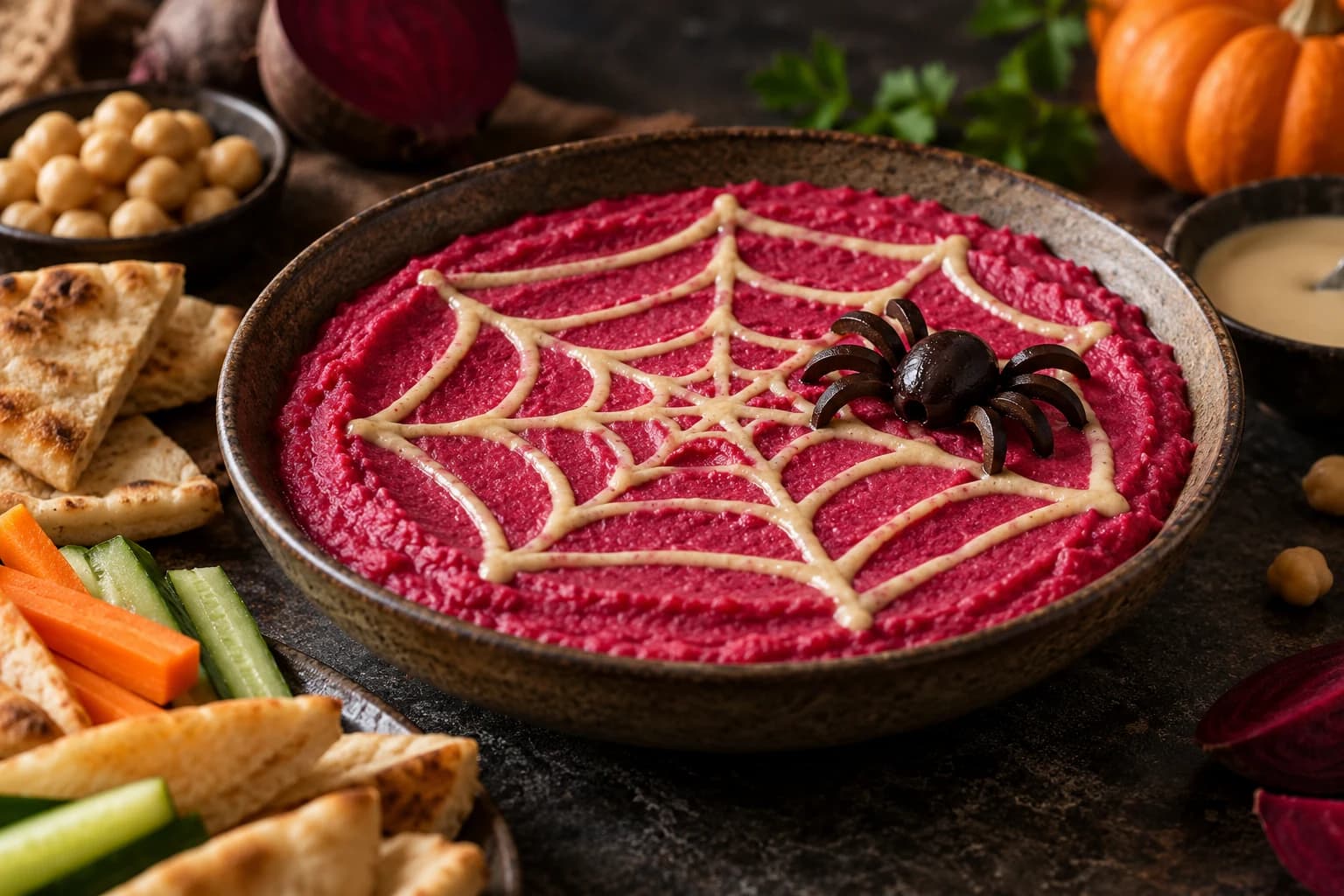 Свекольный хумус с паутиной на Хэллоуин