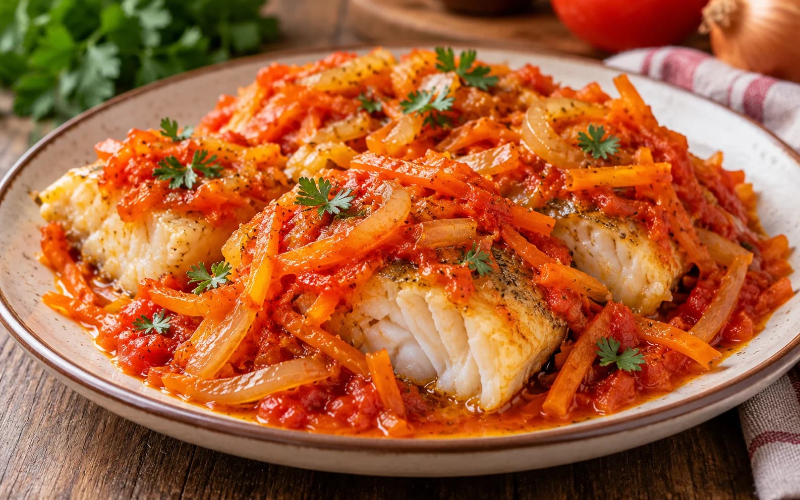Минтай под маринадом из моркови и лука
