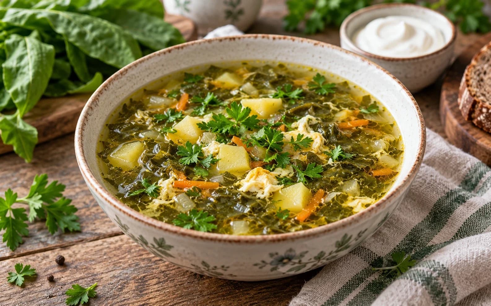 Зелёные щи из щавеля с яйцом по-деревенски