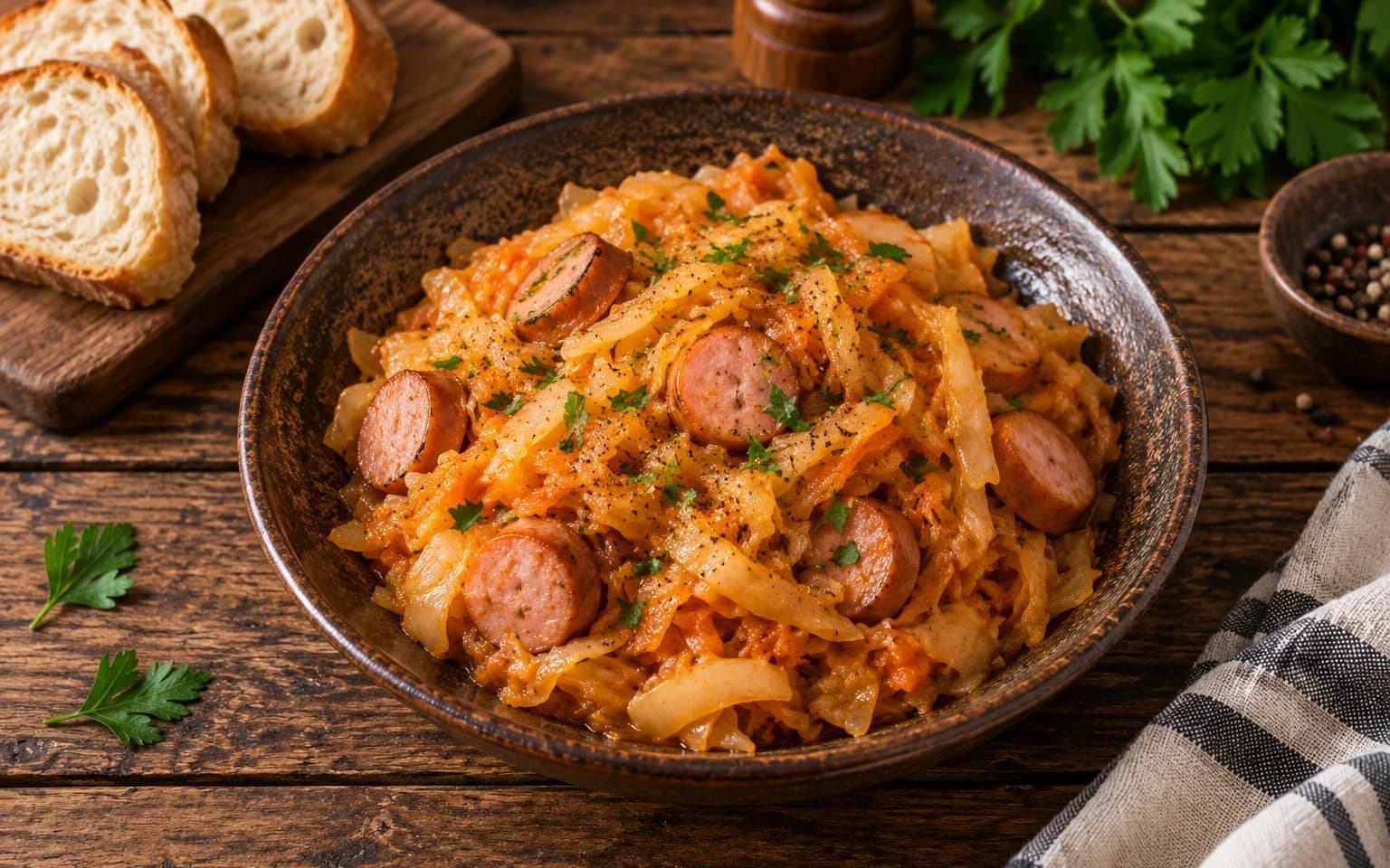 Тушёная капуста с сосисками в мультиварке
