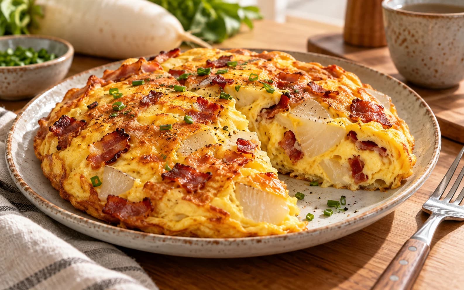 Омлет Сенши с дайконом и беконом из «Подземелья вкусностей»