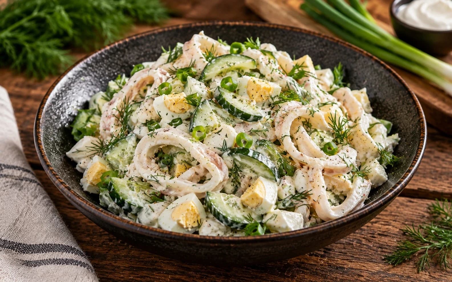 Салат с кальмарами, яйцом и свежим огурцом