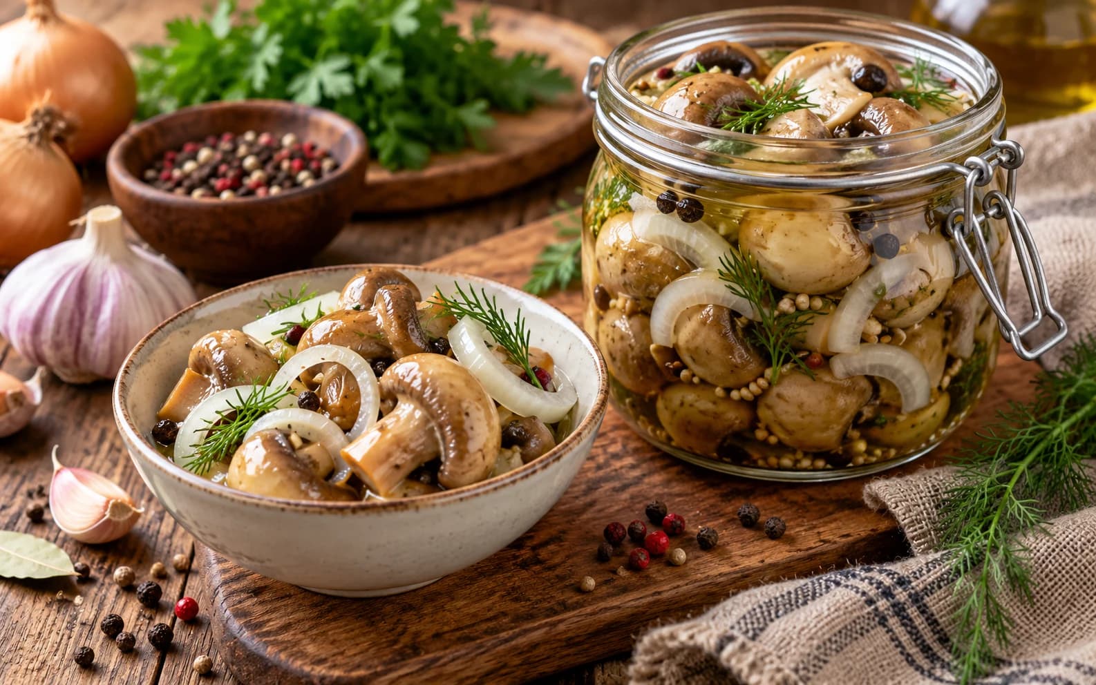 Солёные шампиньоны с луком и укропом