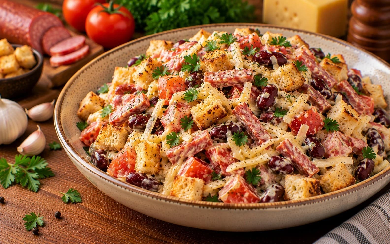 Салат с фасолью, колбасой и помидорами
