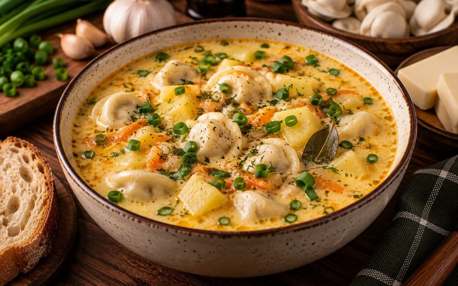 Сырный суп с пельменями и картофелем