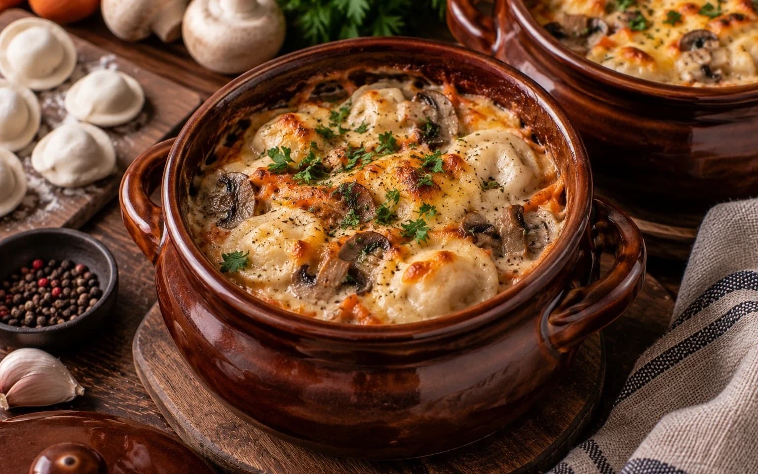 Пельмени с грибами в горшочках