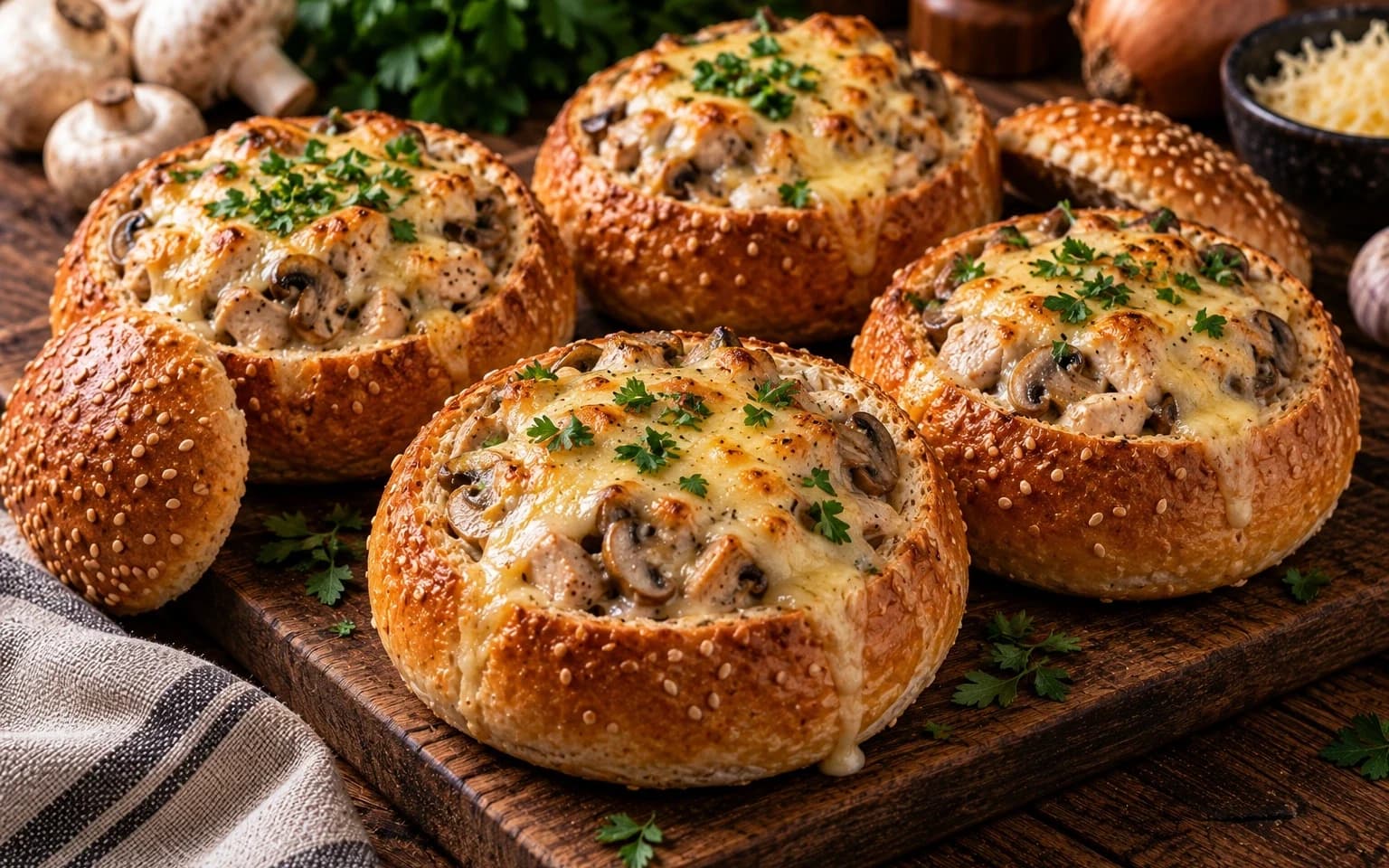 Жюльен с курицей и грибами в булочке