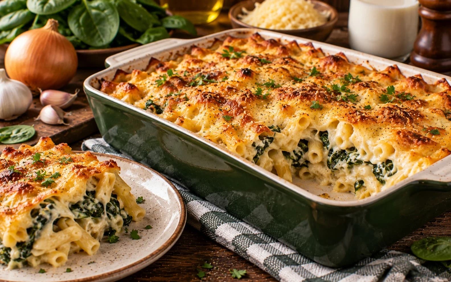 Макаронная запеканка с сыром и шпинатом