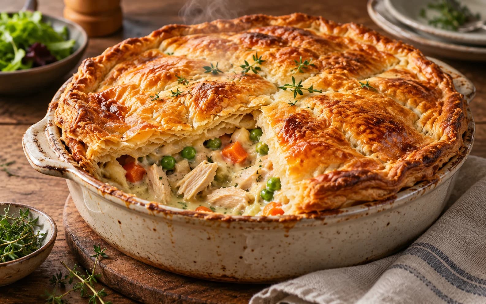 Куриный пирог под хрустящей слоёной крышечкой